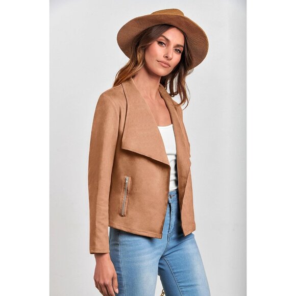 Women's Camel PRETTYGARDEN Faux Suede Jackets Fashion Fall Clothes Long Sleeve - Picture 4 of 9